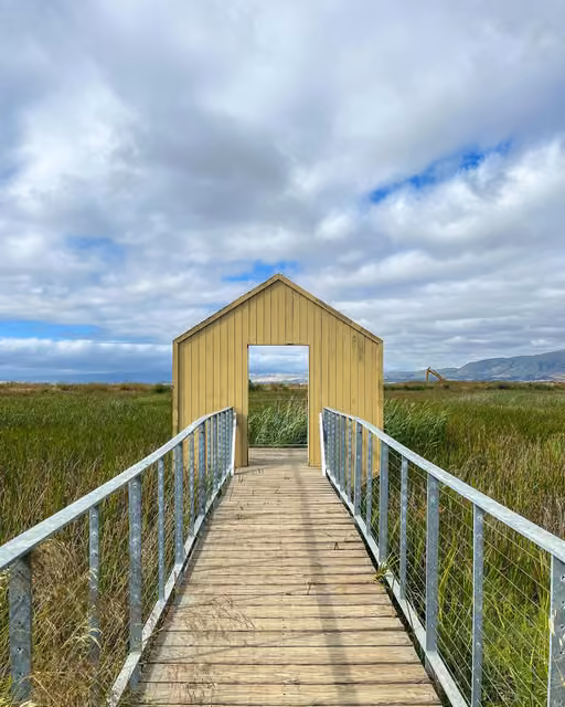 A wooden boardwalk with metal railings leads to a yellow gable-shaped structure open at both ends, surrounded by tall marsh grass under a cloudy sky.