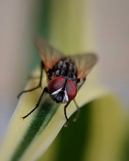 Extreme close-up of a housefly with red compound eyes perched on a green and yellow striped leaf, wings visible behind its body.