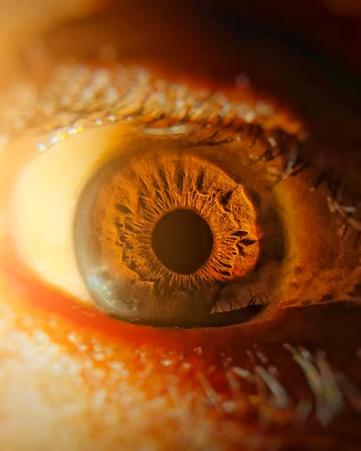 Extreme close-up of a human eye showing a brown iris with fine radial texture, dark pupil, eyelashes, and warm orange lighting reflected on the eyelid.