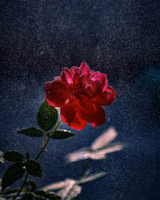 A deep red rose with dew or rain droplets on its petals, photographed at night against a dark background with heavy rainfall visible as streaks and specks.